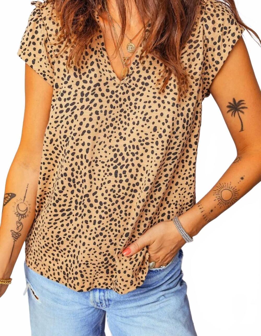 NEW DEAR LOVER cheetah print v-neck top in apricot and black